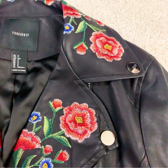Floral Embroidered Black Faux Leather Biker Jacket - Picture 5 of 10